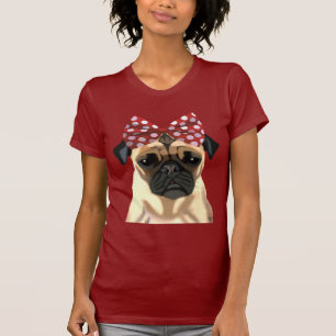 Pug with Red Spotty Bow On Head 2 T-Shirt