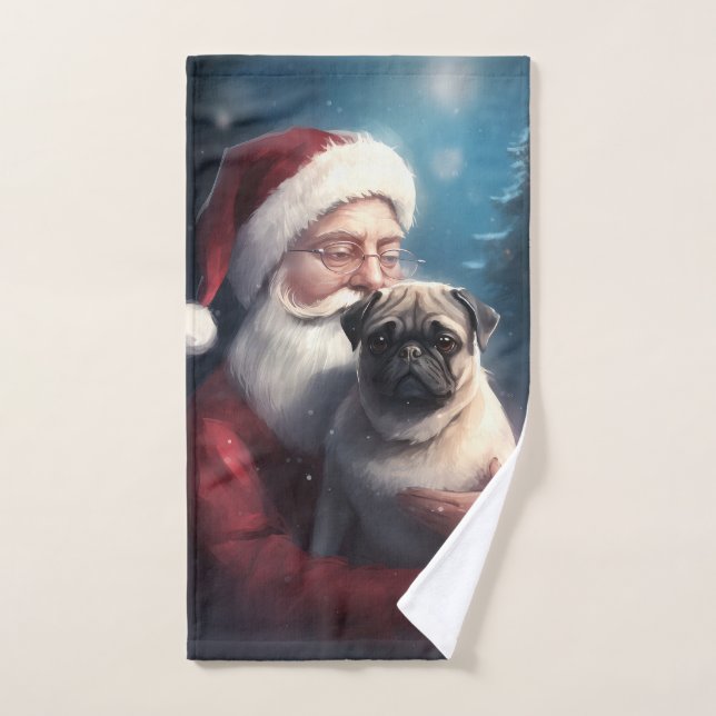 Pug With Santa Claus Festive Christmas Bath Towel Set (Hand Towel)