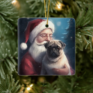 Pug With Santa Claus Festive Christmas Ceramic Ornament