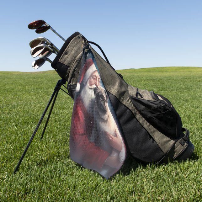 Pug With Santa Claus Festive Christmas Golf Towel (Green)