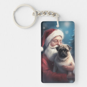 Pug With Santa Claus Festive Christmas Key Ring