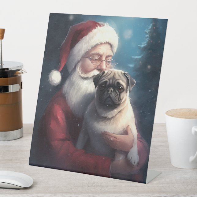 Pug With Santa Claus Festive Christmas Pedestal Sign (In SItu)