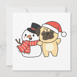 Pug With Snowman In Winter For Christmas Holiday C