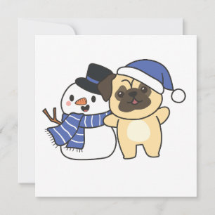 Pug With Snowman In Winter For Christmas Holiday Card