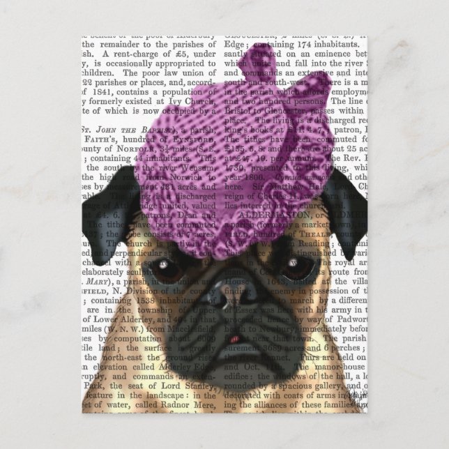 Pug with Vintage Purple Hat Postcard (Front)