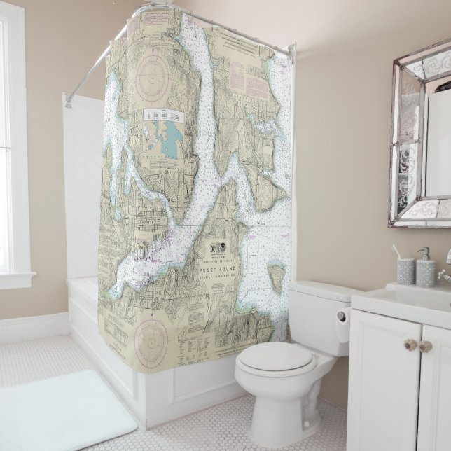 Puget Sound Seattle to Bremerton Nautical Chart Shower Curtain (In Situ)