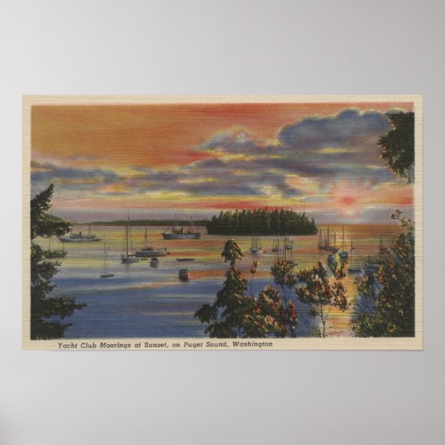 Puget Sound, WA - Yacht Club Moorings at Sunset Poster (Front)