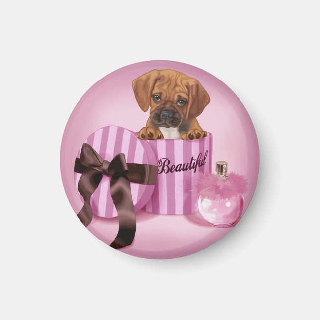 Puggle in Stripy Round Box Magnet (Front)