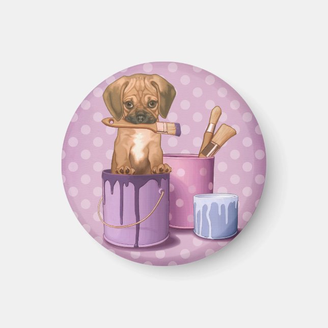 Puggle puppy in painting pot magnet (Front)