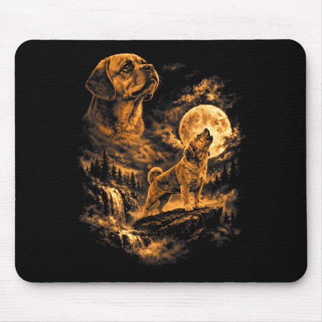 Puggles Howling Moon Dog Fantasy Forrest Mouse Mat (Front)