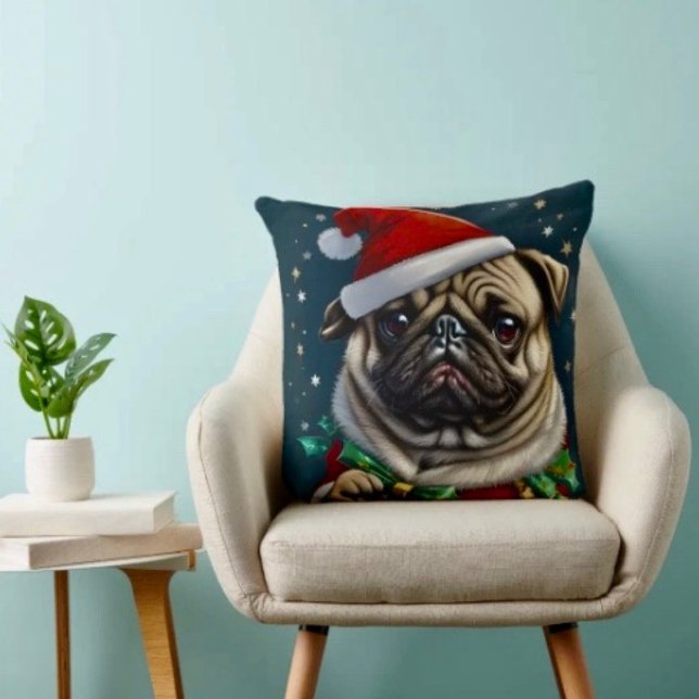 Puggy Claus Collection Cushion (Throw Pillow 100% polyester heavyweight stretch material. Hidden zipper Made in the USA.)