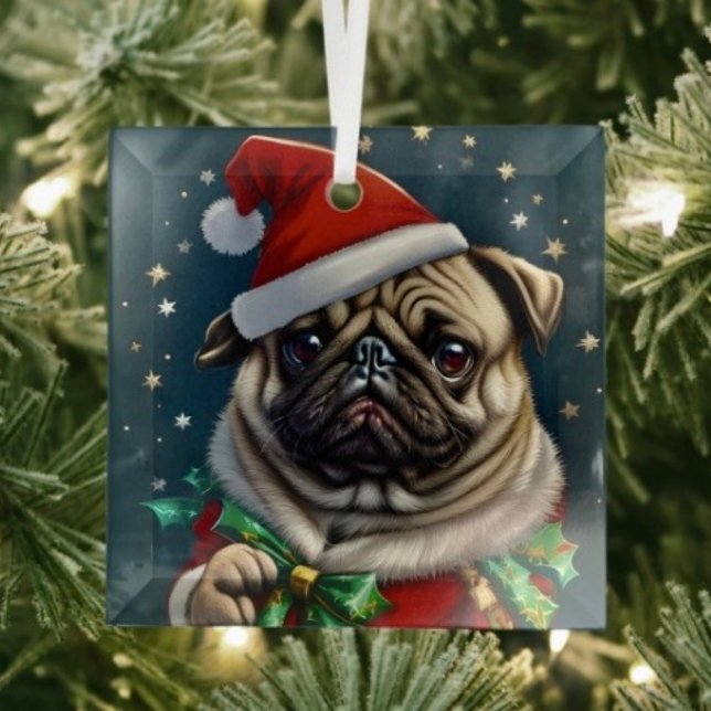 Puggy Claus Collection Glass Tree Decoration (Glass Square Ornament frosted back one-sided printable size: 3”.
  
)