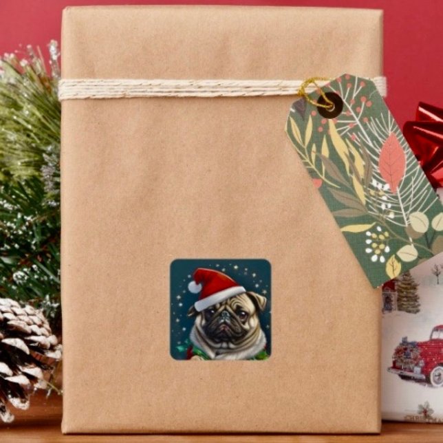 Puggy Claus Collection Square Sticker (Sticker sheet, 6 different sizes. Matte, glossy or glossy transparent finish. )