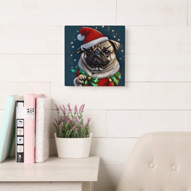 Puggy Claus Collection Square Wall Clock (Reading Room)