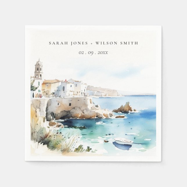 Puglia, Italy Watercolor Landscape Wedding Napkin (Front)