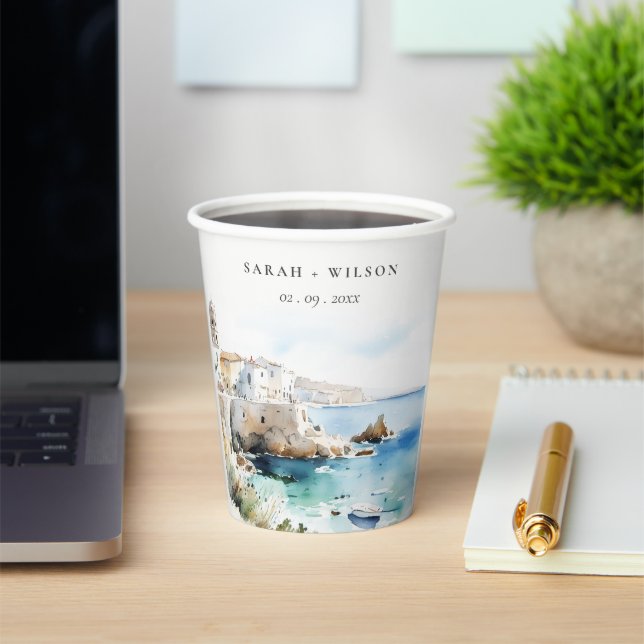 Puglia, Italy Watercolor Landscape Wedding Paper Cups (Insitu)