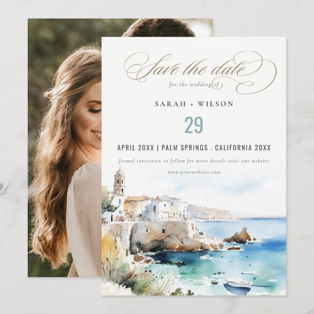 Puglia, Italy Watercolor Landscape Wedding Photo Save The Date (Front/Back)