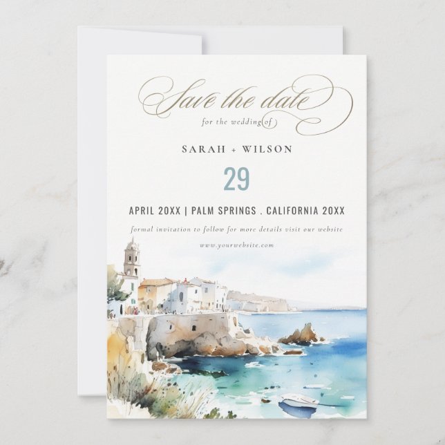 Puglia, Italy Watercolor Landscape Wedding Save The Date (Front)