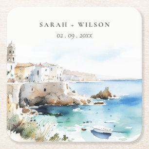 Puglia, Italy Watercolor Landscape Wedding Square Paper Coaster