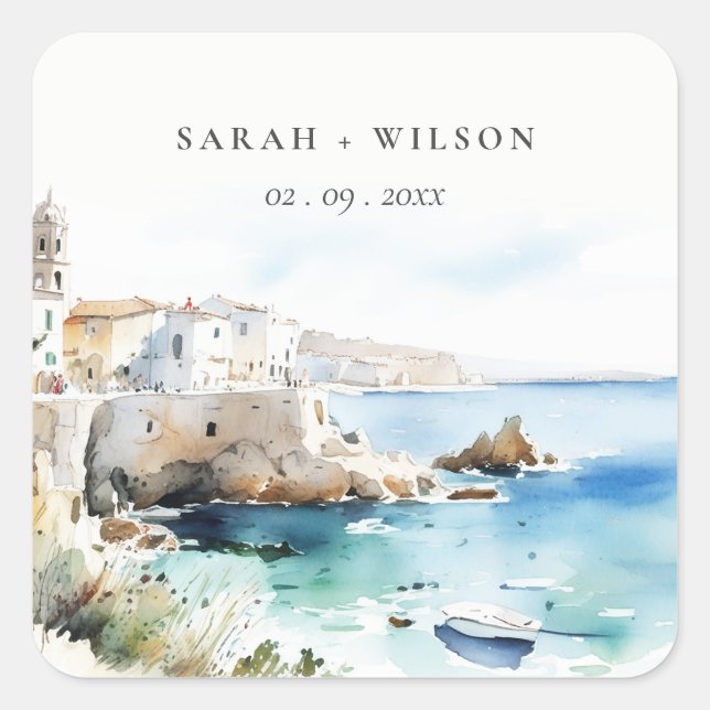 Puglia, Italy Watercolor Landscape Wedding Square Sticker (Front)