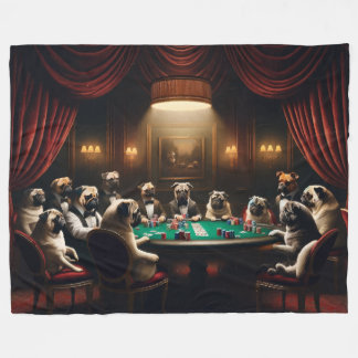 Pugs and Bull Dogs Playing Poker Fleece Blanket