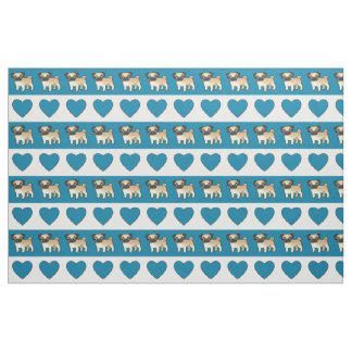 Pugs and Hearts - Blue Fabric