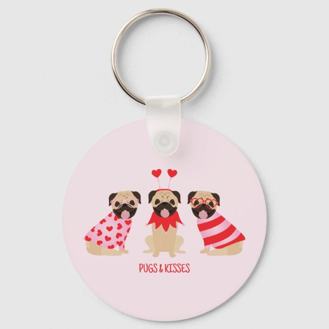 Pugs And Kisses Cute Pug Dogs Key Ring (Front)