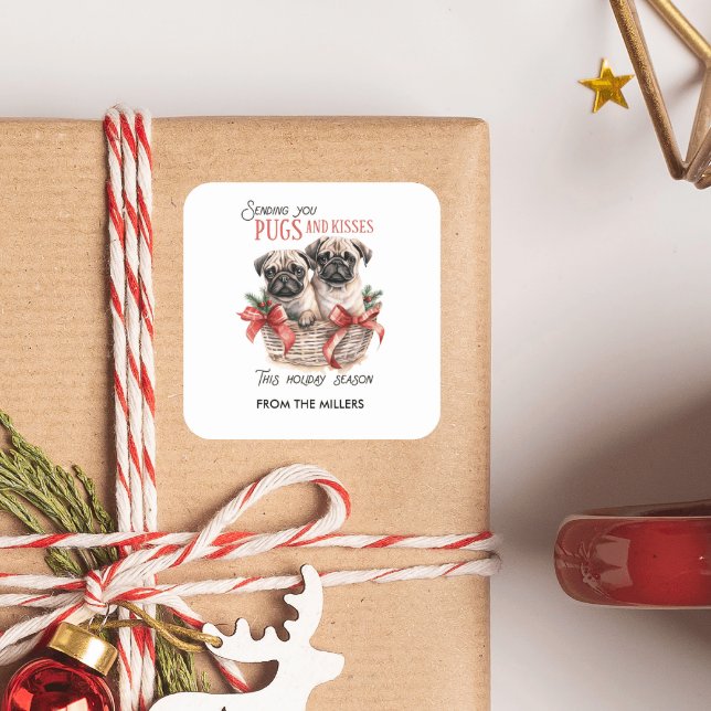 PUGS AND KISSES FUNNY MERRY CHRISTMAS CUSTOM TEXT SQUARE STICKER (PUGS AND KISSES CHRISTMAS PUPPY THEMED STICKERS WITH CUSTOM TEXT.)