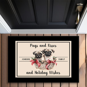 Pugs and Kisses Holiday Wishes Dog Lover Monogram Doormat