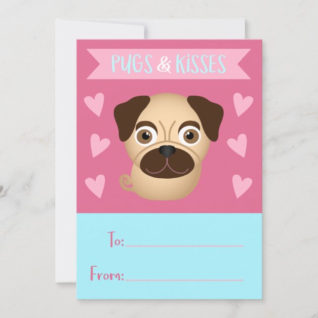 Pugs and Kisses Kid's Valentine Holiday Card (Front)