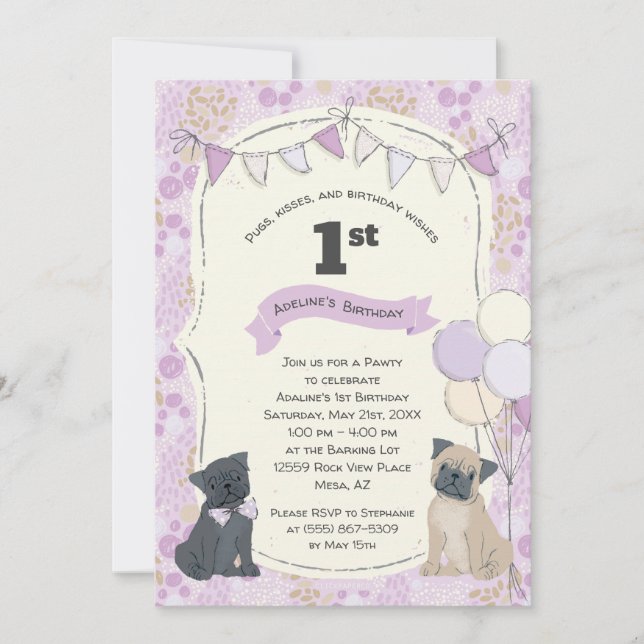 Pugs and Kisses Puppy Dog Photo Birthday Invitation (Front)