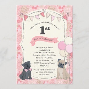Pugs and Kisses Puppy Dog Photo Birthday Invitation