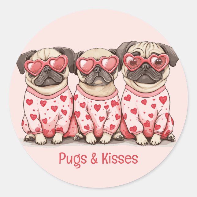 Pugs And Kisses Valentines Day Pug Dogs Classic Round Sticker (Front)