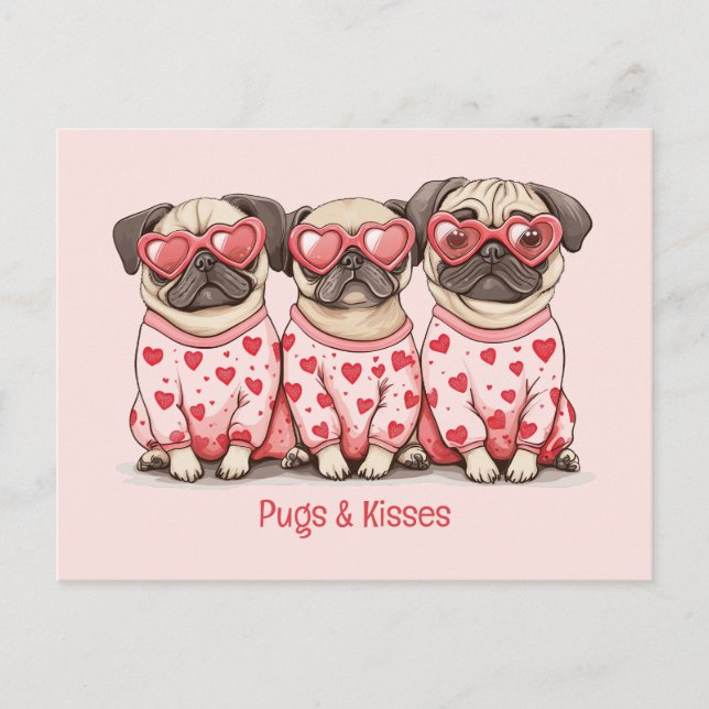Pugs And Kisses Valentines Day Pug Dogs Holiday Postcard (Front)