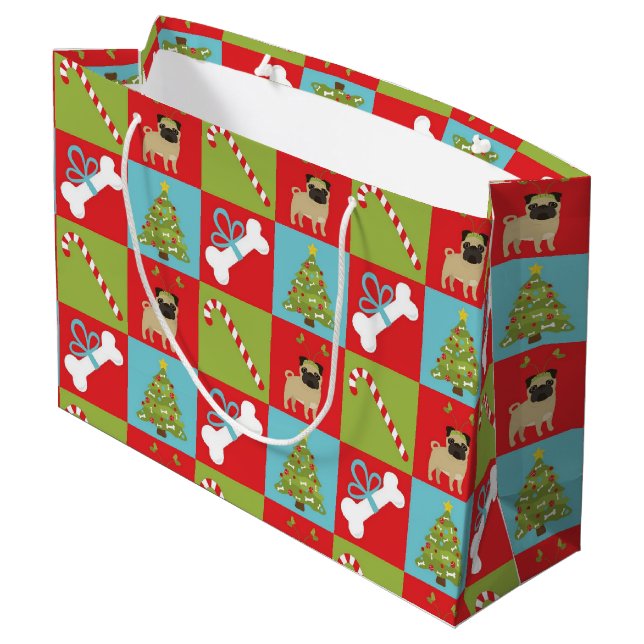 Pugs, Candy Canes, Bones, Trees Large Gift Bag (Back Angled)