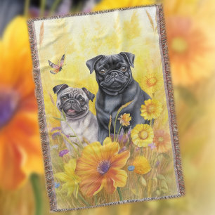 Pugs Fawn Black Field Yellow Wildflowers Dog Lover Throw Blanket