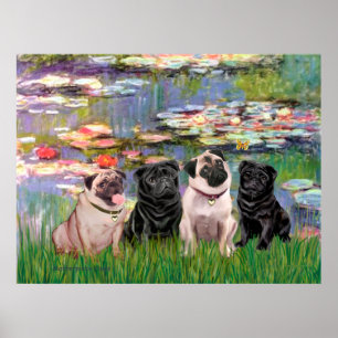 Pugs (Four) - Lilies2 Poster