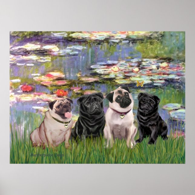 Pugs (Four) - Lilies2 Poster (Front)