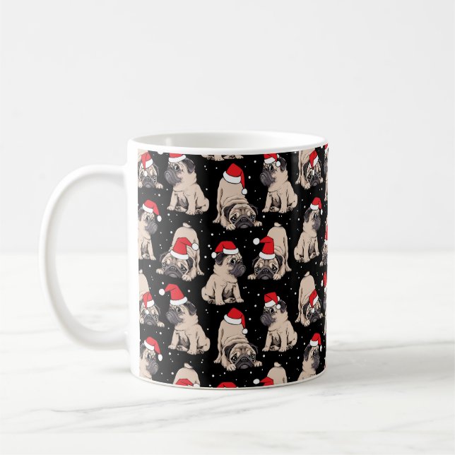 Pugs in Santa Hats Christmas Pattern Coffee Mug (Left)
