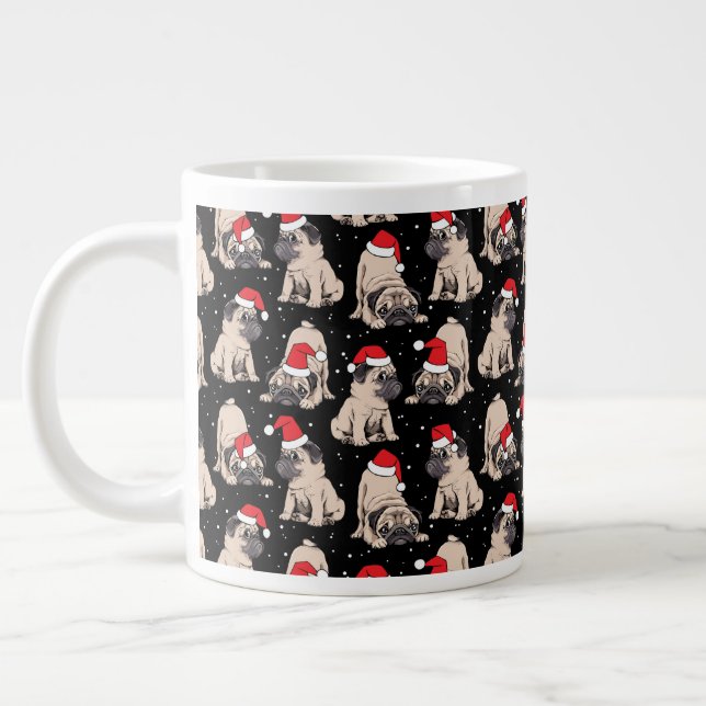 Pugs in Santa Hats Christmas Pattern Large Coffee Mug (Left)