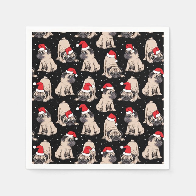Pugs in Santa Hats Christmas Pattern Napkin (Front)