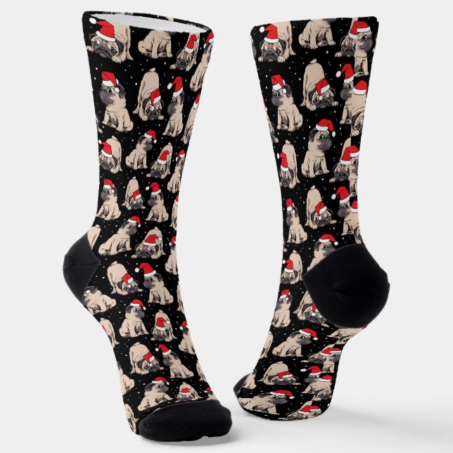 Pugs in Santa Hats Christmas Pattern Socks (Angled)