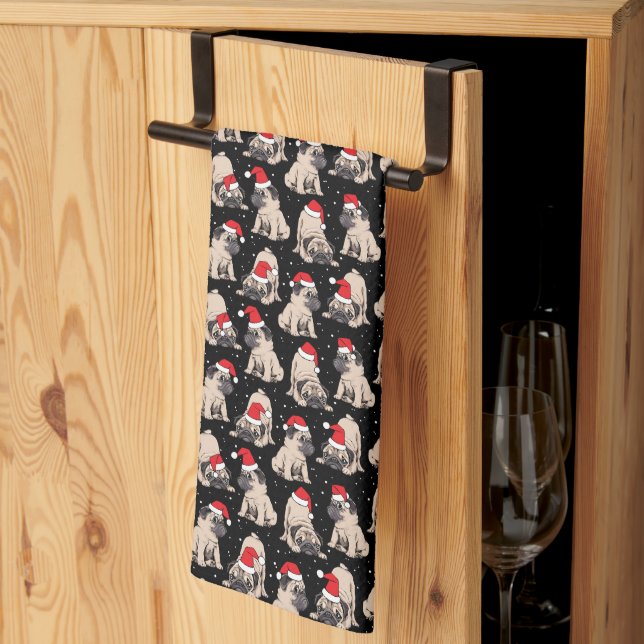 Pugs in Santa Hats Christmas Pattern Tea Towel (Thirds Fold)