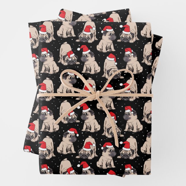 Pugs in Santa Hats Christmas Pattern Wrapping Paper Sheet (In situ)