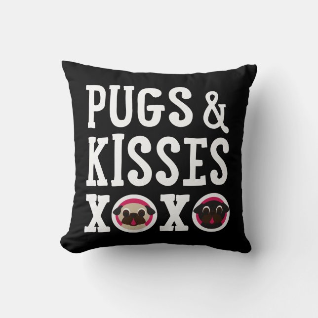 Pugs & Kisses XOXO Black Square Pug Pillow (Front)