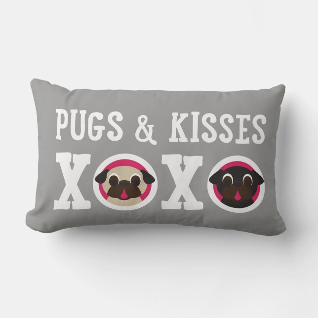Pugs & Kisses XOXO Grey Pug Lumbar Pillow (Front)
