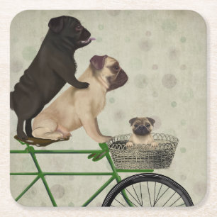 Pugs on Bicycle Square Paper Coaster