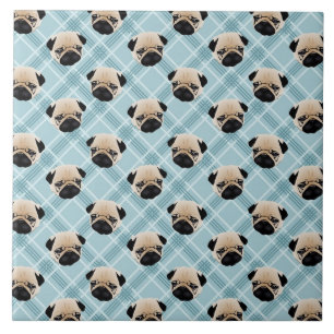 Pugs on Blue Plaid Tile