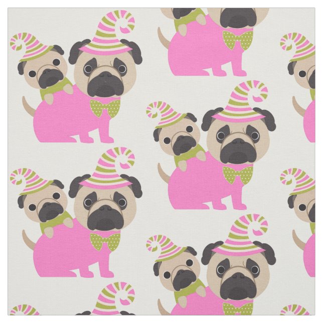 Pugs - Pink and Green Fabric (Swatch)