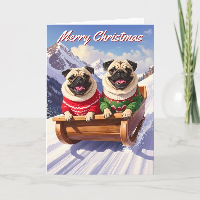 Pugs Sled Ride Christmas Card (Front)